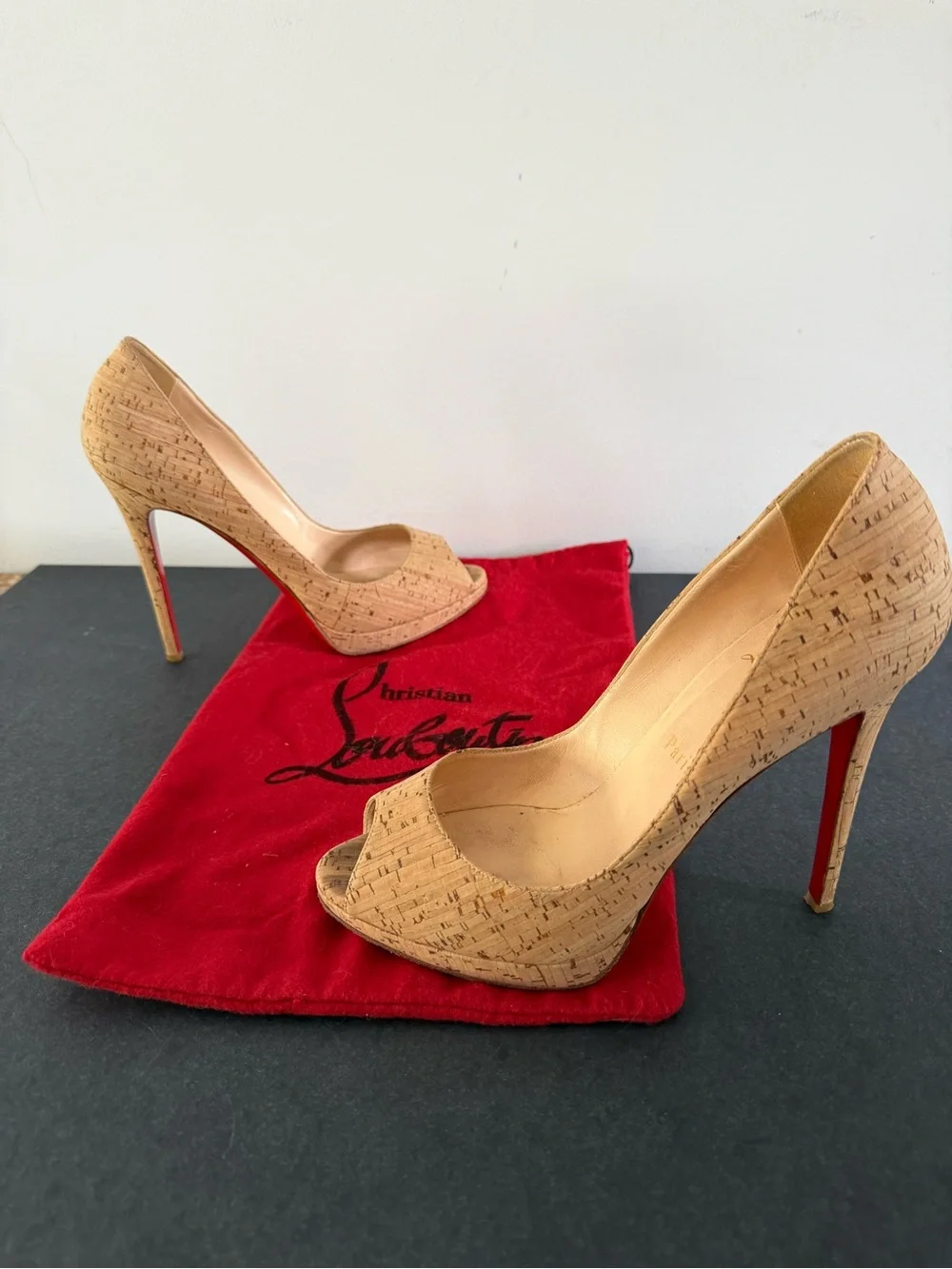 Christian Louboutin Cork Peep-Toe Stilettos with Red Sole